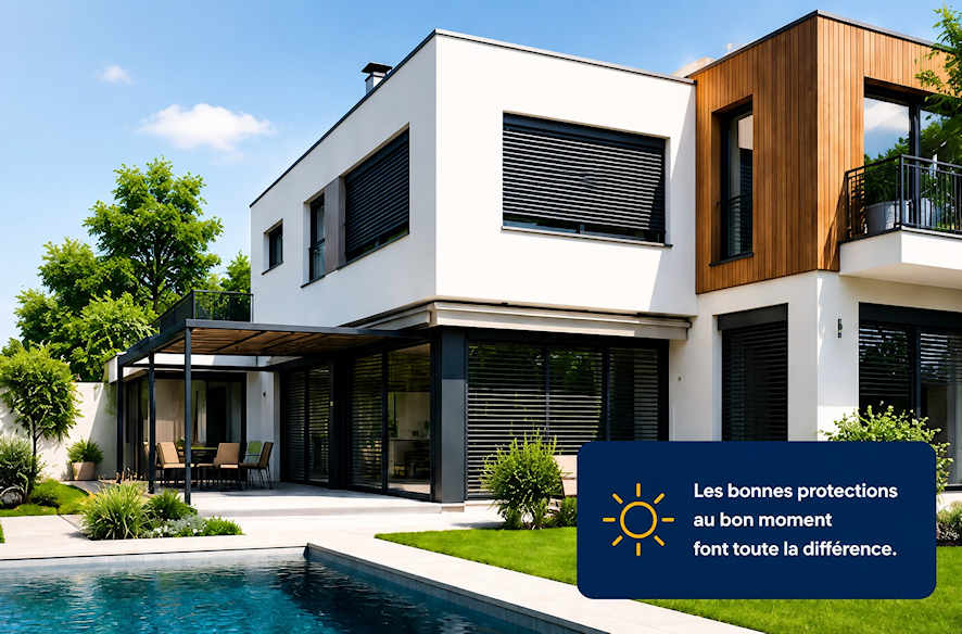 Protections solaires pour garder une maison plus fraîche en été Maison équipée de protections solaires pour limiter la chaleur en été